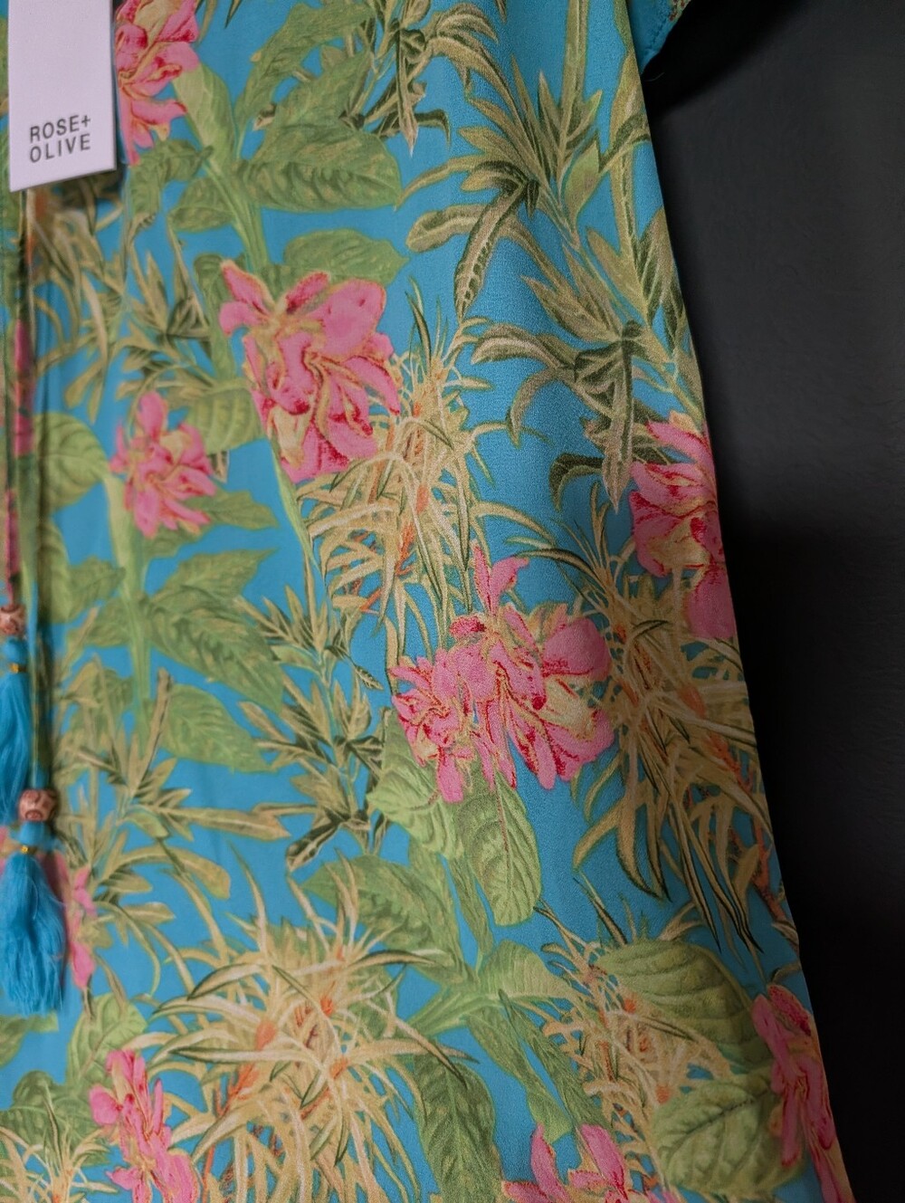 Rose & Olive Blue Floral Tassel Peasant Top 0038 - Picture 5 of 10